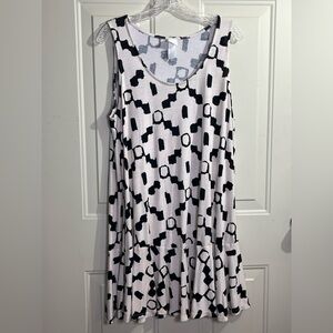 H&M Sleeveless Flare Dress L White Black Geometric Print Viscose Summer
